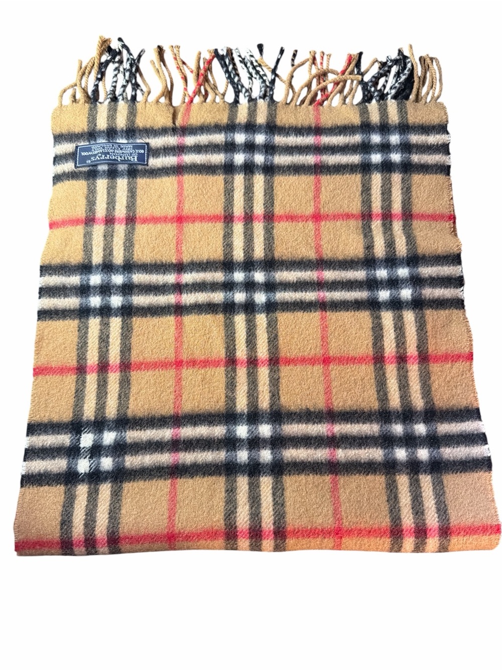 Burberry Beige Plaid Cashmere Scarf with Black White and Red Accents - Picture 2 of 5